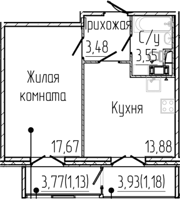 1-комнатная квартира 40.89 м², 3/8 эт., ЖК «SERTOLOVO PARK»
